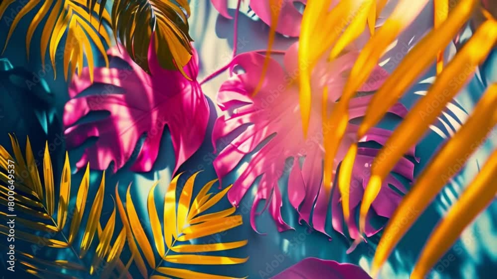trendy summer bali style floral patter background , colorful leaves palm shape art video wallpaper. Summer colors botanical tropical leaves ,sun light and shadows, pink, blue lea