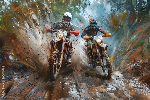 Two motorcyclists navigating a challenging terrain. Suitable for adventure and outdoor themes