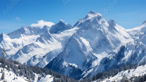 Panoramic view of the snowy mountains in the French Alps. © I