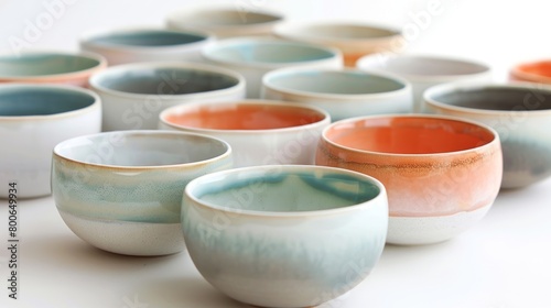 A collection of handthrown bowls with a striking ombré effect created through precise layering of glazes in varying shades for a seamless gradient..