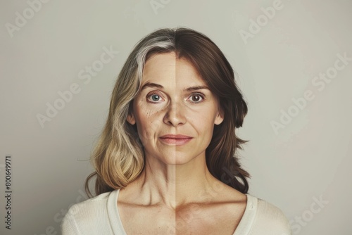 Split aging treatments emphasize portrait contrasts in skincare beauty, aligning old woman awareness with aging science and aging halves strategies.