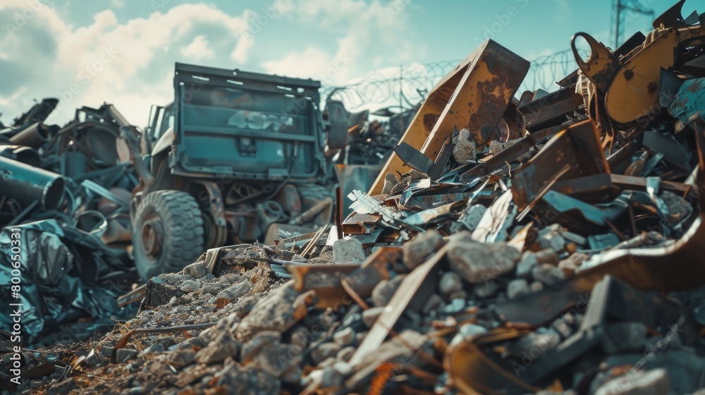 Fototapeta premium Bulldozer working on clearing rubble site, suitable for construction projects