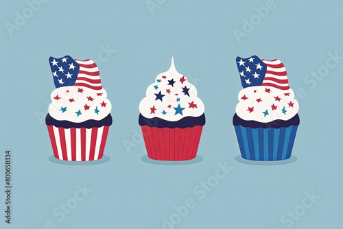 minimalistic flat illustration of cupcakes  decorated in the colors of USA flag