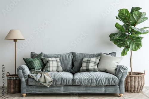 A simple living room with a comfortable couch and a green plant. Suitable for home decor or interior design concepts photo