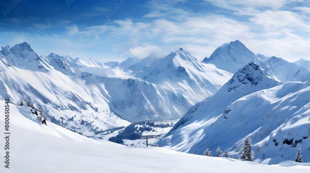 Beautiful winter mountains panorama with snow covered fir trees and blue sky