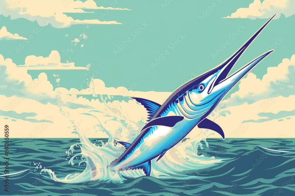 A blue marlin fish jumping out of the water. Suitable for marine life ...