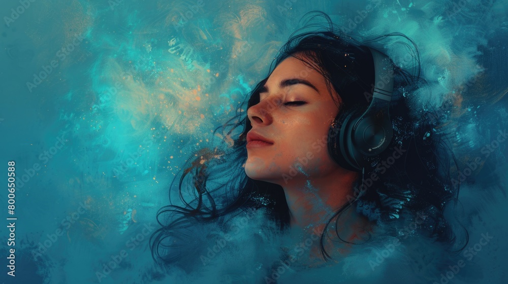 woman with headphones floating in the water, listening to music while relaxing.