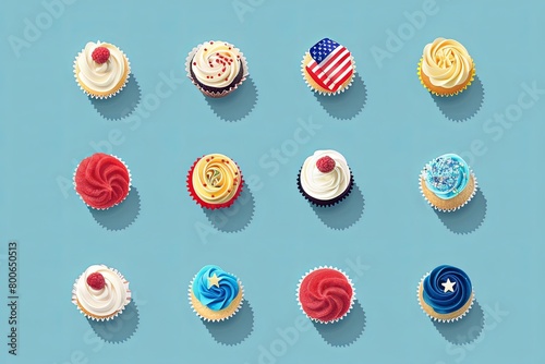 minimalistic flat illustration of cupcakes  decorated in the colors of USA flag
