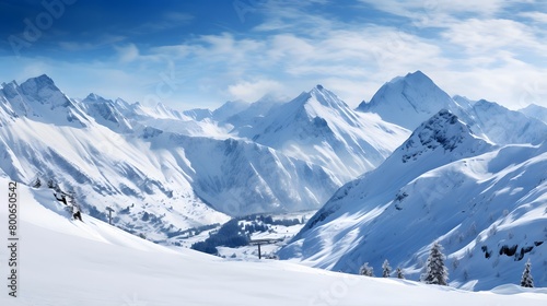 Beautiful winter mountains panorama with snow covered fir trees and blue sky