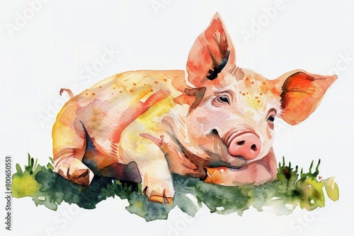 A realistic watercolor painting of a pig relaxing in the grass. Suitable for farm animal themes