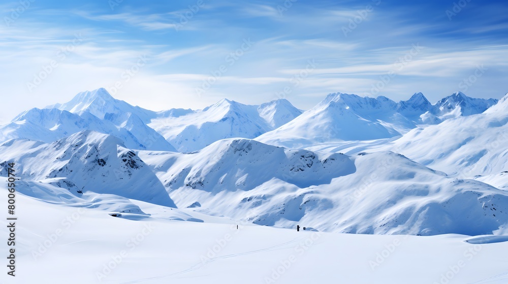 Panoramic view of snow-capped mountains. Caucasus, Russia
