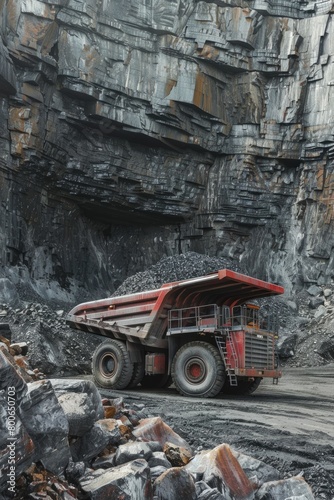 A red dump truck parked in front of a mountain of rocks. Suitable for construction or industrial concepts