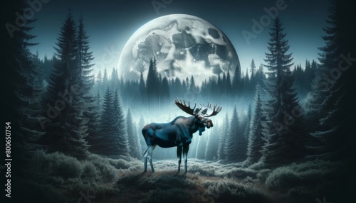A mystical night scene with a majestic moose under a full moon in a dense pine forest.