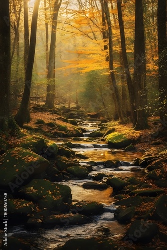 Stream in the autumn forest. Panoramic view. Beautiful nature scene.