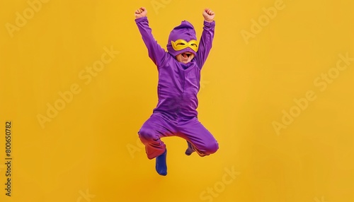 a happy child dressed as a superhero with a purple costume and mask jumps in the air on a yellow background in a wide angle shot