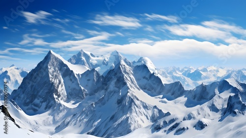 Snowy mountains panorama with blue sky and white clouds - 3D illustration © I