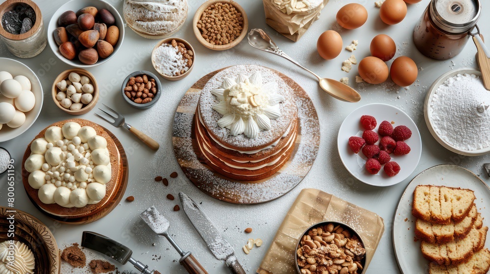 cakes, professional baking equipment and ingredients in a bakery kitchen setting, top and flat view