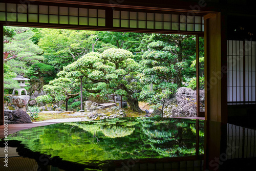 京都の古民家の庭の映るテーブルの風景