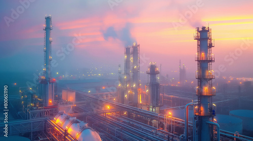 Twilight Descends, Illuminating An Industrial Landscape With Flares And Reflective Piping