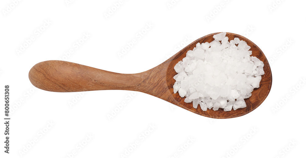 Natural salt in wooden spoon isolated on white, top view Natural salt in wooden spoon isolated on white, top view