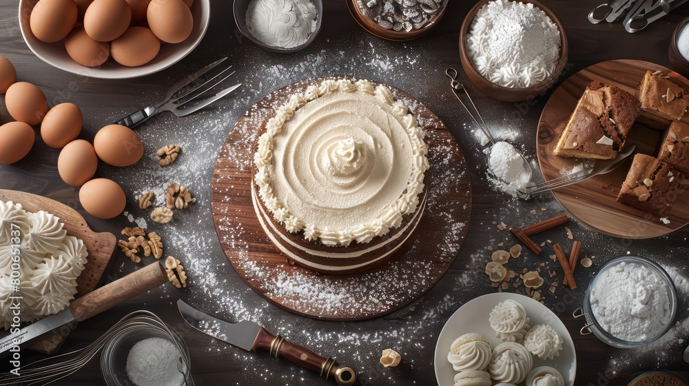 cakes, professional baking equipment and ingredients in a bakery kitchen setting, top and flat view cakes, professional baking equipment and ingredients in a bakery kitchen setting, top and flat view