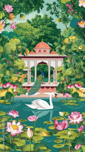Traditional Iranian patterns, swan and Mughal Garden illustration drawing