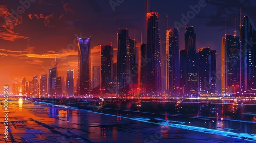 realistic cityscape at night in a sunset scenery with beautiful reflections in orange, dark blue and black colors