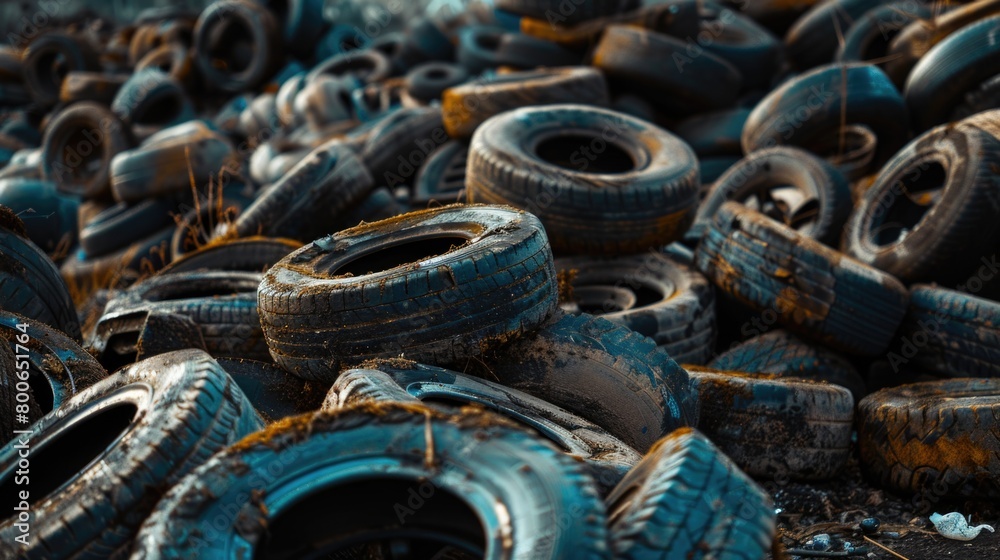 A pile of old tires sitting on the ground, suitable for industrial concepts A pile of old tires sitting on the ground, suitable for industrial concepts