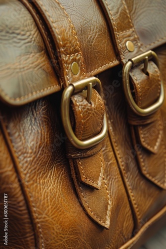 A detailed close-up of a brown leather bag. Ideal for fashion or accessory themes