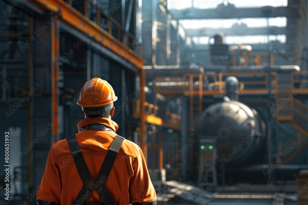 A man in an orange jacket and hard hat standing in front of a factory. Ideal for industrial and construction concepts A man in an orange jacket and hard hat standing in front of a factory. Ideal for industrial and construction concepts