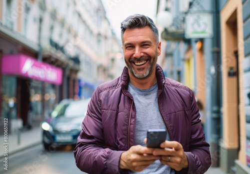 A happy man in his thirties holding a phone on the street 
