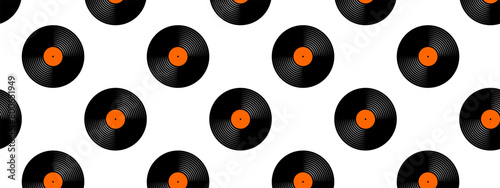 DJ vinyl discs seamless pattern. Reapiting gramophone LP or long play music disks icons isolated on white background. 70s 80s 2000s discotheque nostalgia background. Vector flat illustration.