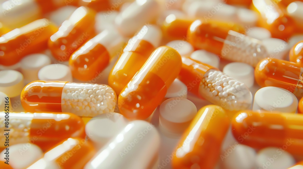 A close-up image of a pile of orange and white pills A close-up image of a pile of orange and white pills