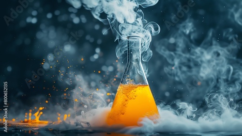 Vial with a yellow liquid and smoke coming out of it