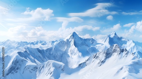 Beautiful panoramic aerial view of snowy mountains. 3D rendering