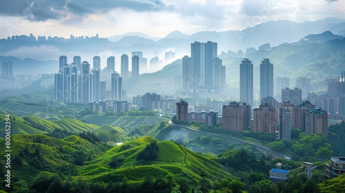 Guiyang skyline, China, modern city with green hills photo