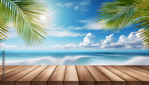Summer tropical sea with waves  palm leaves and blue sky with clouds. Perfect vacation landscape with empty wooden table 