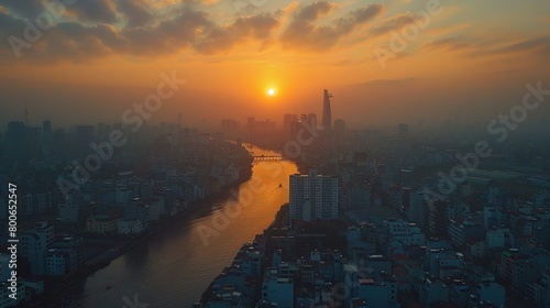 Ho Chi Minh City skyline at sunset, dynamic urban growth photo