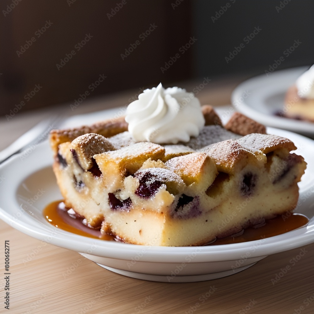 delicious bread pudding with whipped cream on a plate delicious bread pudding with whipped cream on a plate