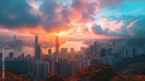 Hong Kong skyline with Victoria Peak  panoramic dusk view