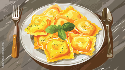 Plate with cooked ravioli on grey table Vector illustration