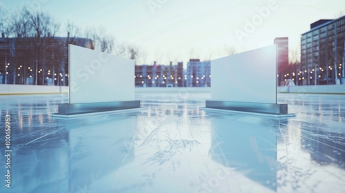 Blank mockup of two curved ice skating rink boards offering maximum exposure for your adver. .