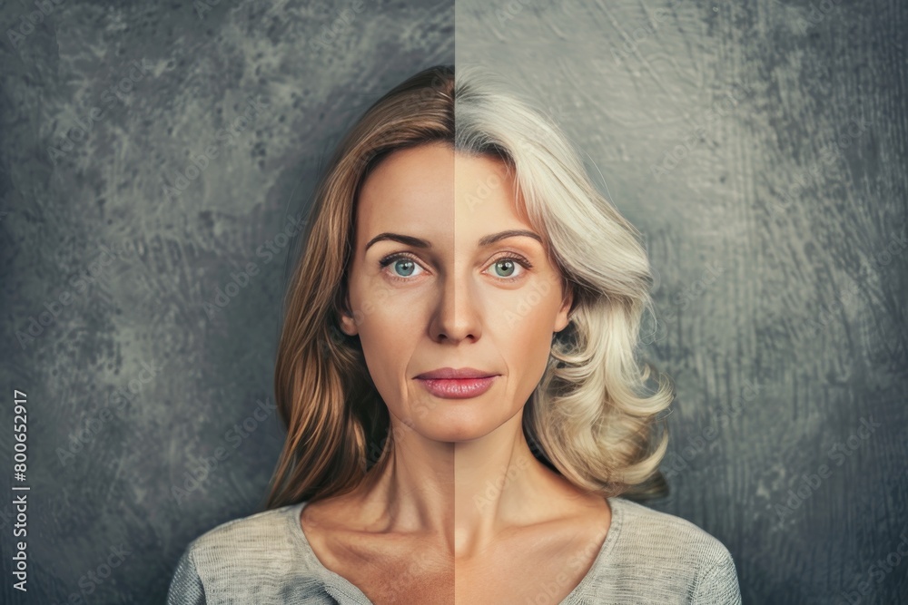 Aging resistance merges face smoothing with split identity in old age treatments, growing old with lift techniques that reduce wrinkles and showcase aging halves.