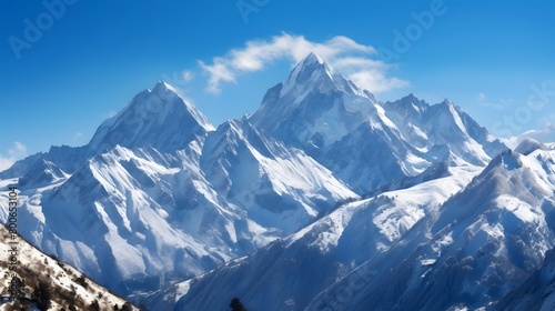 Panoramic view of snow capped mountain peaks and blue sky.