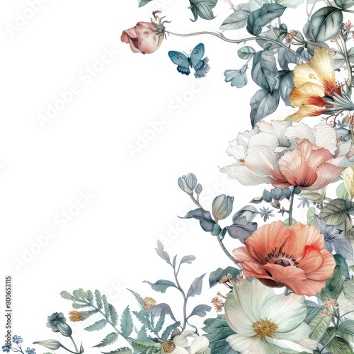 floral border  delicate watercolor flowers  spring colors  wildflowers  white space in the middle