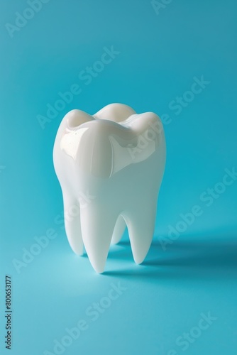 A white tooth sitting on top of a blue surface. Ideal for dental or hygiene concepts