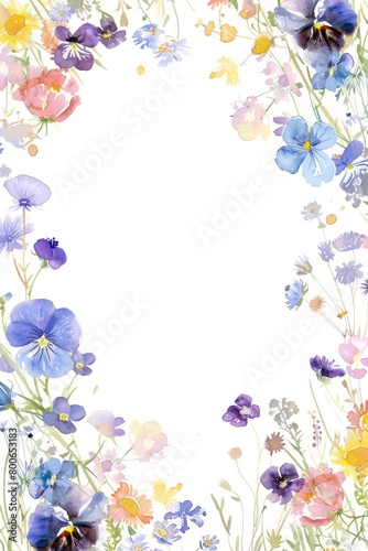 floral border, delicate watercolor flowers, spring colors, wildflowers, white space in the middle