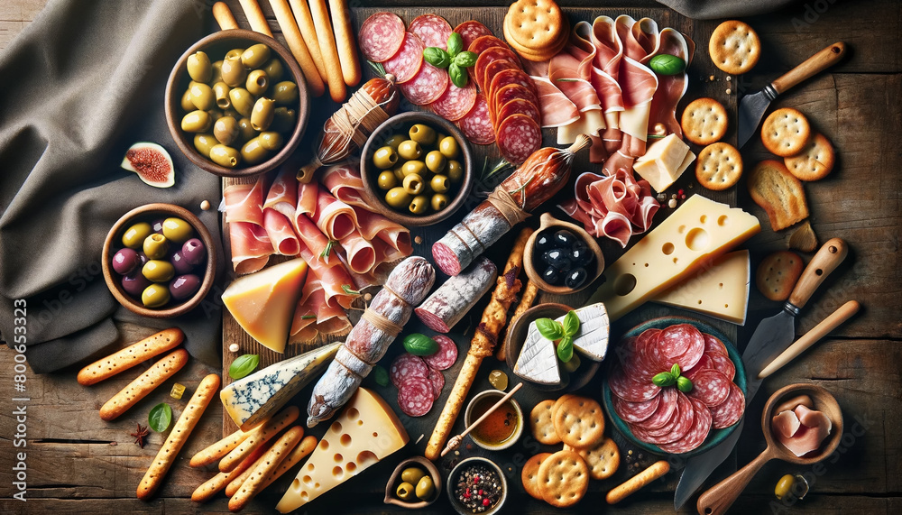 Overhead view of an Italian charcuterie board featuring prosciutto, salami, Parmesan, Gorgonzola, olives, breadsticks, grapes, and figs