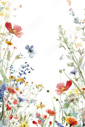 floral border, delicate watercolor flowers, spring colors, wildflowers, white space in the middle