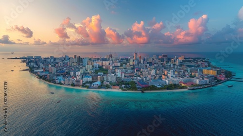 MalÃ© skyline, Maldives, densely populated island capital, --ar 16:9 --stylize 250 Job ID: 1c441610-e13c-4495-904a-8812dd3216de